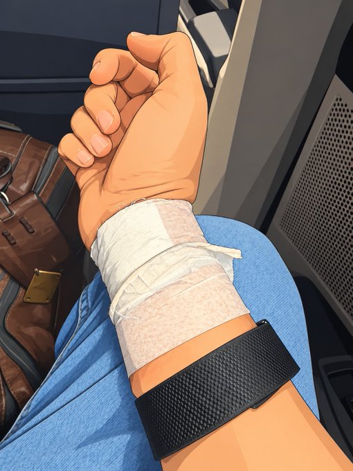 A cartoon illustration of a person resting on an airplane, showing their bandaged wrist, a black smartwatch, blue jeans, and a brown bag beside them.