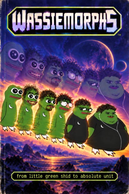 A retro 90s-style poster titled 'WASSIEMORPHS' with the tagline 'from little green shid to absolute unit,' depicting a lineup of Pepe the Frog meme characters in various evolutionary stages against a cosmic purple and orange space backdrop.