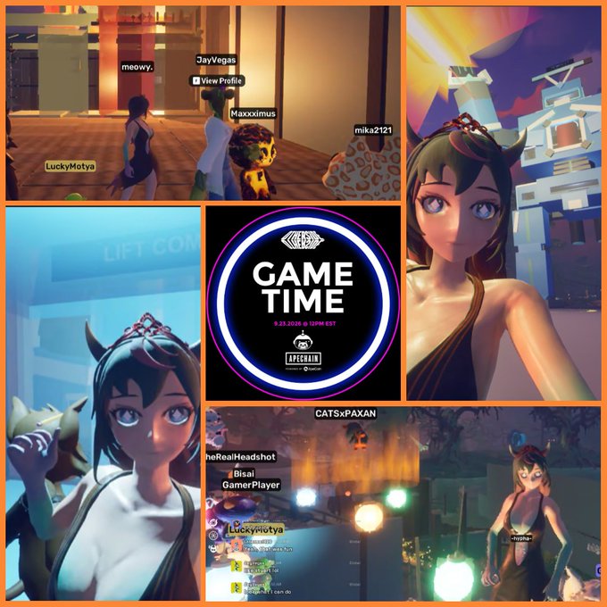A promotional collage for an event called 'GAME TIME' on 9.25.2026, featuring various stylized 3D anime-like characters in different gaming environments with usernames like 'JayVegas' and 'Maxximus' visible.