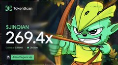The image, displayed on TokenScan, shows $JINJAN token with a 269.4x gain (rising from $216.66 to $211.0K), featuring a cartoon goblin archer mascot, while the post promotes $ROBINHOOD memecoin trading results and asks viewers to drop their ETH address for an airdrop.