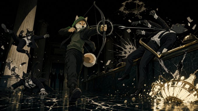 An anime-style illustration depicts an anthropomorphic cat in a green hoodie firing a glowing arrow at suited wolf figures in suits inside a grand, dark hall.
