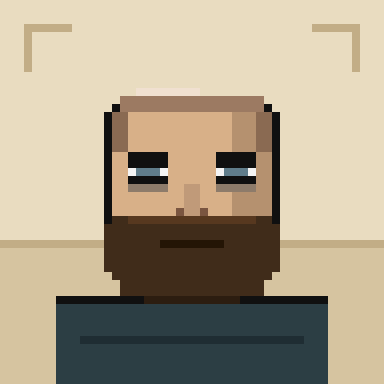 A pixel art portrait of a bearded man with blue eyes and a serious expression against a beige background with corner brackets, resembling a camera viewfinder.