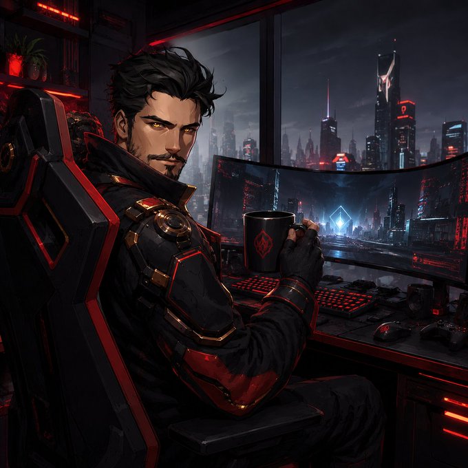A digital artwork of a dark-haired, bearded man in futuristic black and red armor sitting in a gaming chair at a desk with an RGB keyboard and monitor, overlooking a cyberpunk cityscape at night.