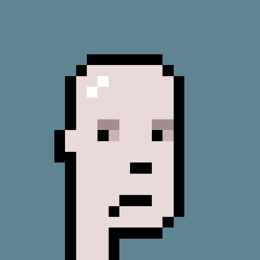 A simple pixel art portrait of a pale pink face with dark eyes and a neutral expression on a teal background.