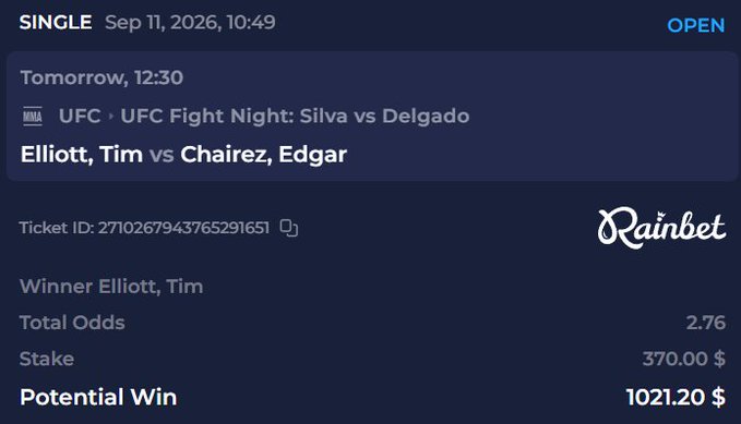 A screenshot of a Rainbet sports betting ticket for a UFC Fight Night: Silva vs Delgado event, betting $370 on Tim Elliott to win with total odds of 2.76 for a potential win of $1021.20.