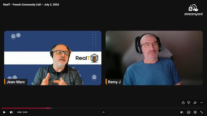 A YouTube screenshot from a StreamYard video titled "RealT - French Community Call — July 2, 2026" at timestamp 3:38/24:30, showing a split-screen call between two men identified as "Jean-Marc" and "Remy J" discussing RealT platform's abrupt announcement to liquidate all managed assets without prior consultation or official communication.