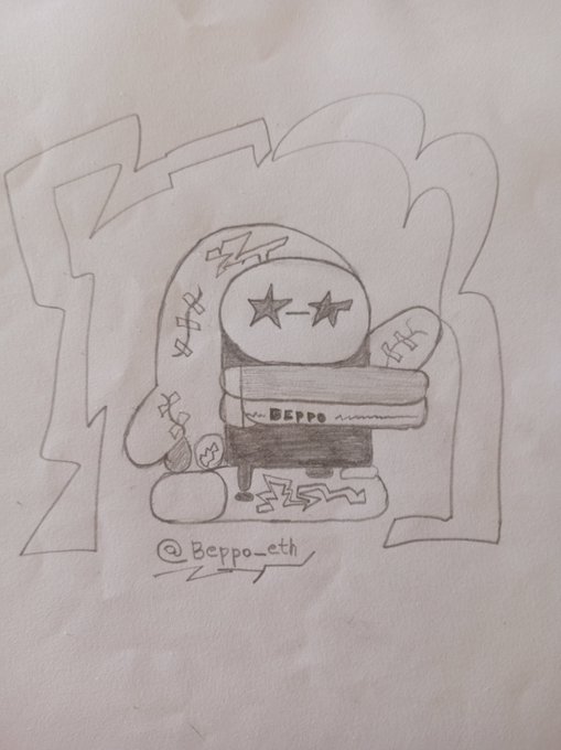 A pencil sketch on white paper of a character labeled 'BEPPO' with star-shaped eyes, surrounded by graffiti-style lettering and signed '@Beppo-eth' at the bottom.
