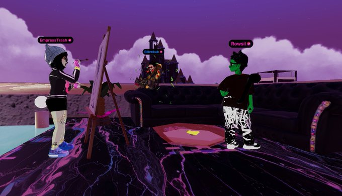A screenshot from a virtual world game (possibly VRChat) showing three avatars with names 'EmpressTrash', 'BlazeNut', and 'Rowsii' in a purple-tinted environment with a gothic castle in the background.