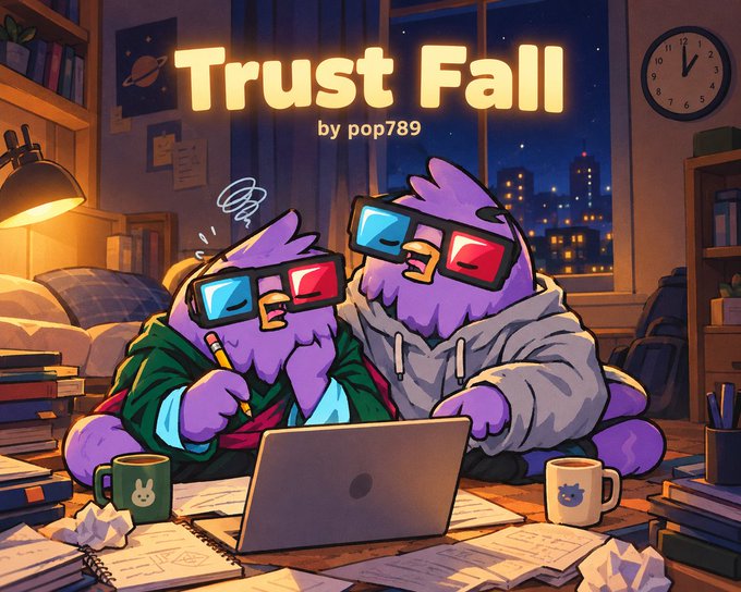 A cartoon-style digital illustration titled 'Trust Fall by pop789' depicting two purple bird-like characters wearing 3D glasses, working on a laptop in a cozy room at night.