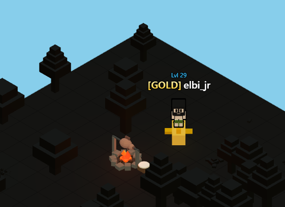 An isometric pixel art game scene showing a yellow character labeled 'Lvl 29 [GOLD] elbi_jr' standing near a campfire in a dark forest environment.