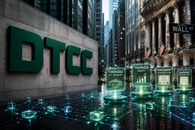 A stylized image shows 'DTCC' in large green letters on a stone wall near Wall Street, with holographic displays representing 'Tokenized U.S. Treasury,' 'Tokenized Equity,' 'Tokenized Corporate Bond,' and 'Tokenized Commercial Paper' floating above.