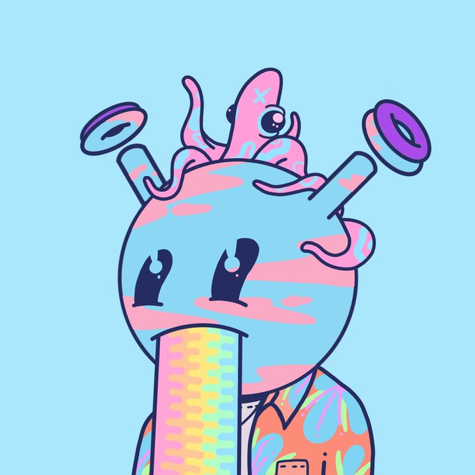 A colorful cartoon illustration features a blue planet-like character with large eyes holding a rainbow popsicle, with a small pink creature resting on top of its head.