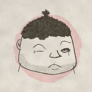 A minimalist illustration of a round-faced figure with a top knot hairstyle, winking with one eye and a tear on the other, set against a soft pink circular background.
