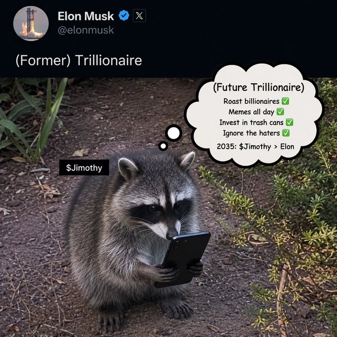 A meme showing a raccoon labeled '$Jimothy' holding a phone, with a thought bubble listing 'Future Trillionaire' goals including roasting billionaires and memes, posted beneath Elon Musk's tweet '(Former) Trillionaire'.