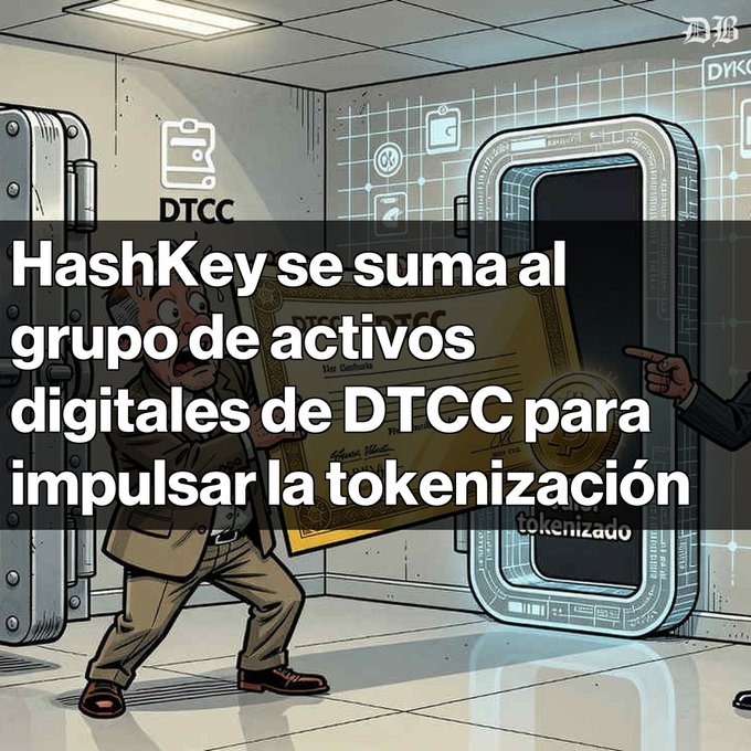 A cartoon-style illustration shows a man carrying a large document labeled 'DTCC' toward a digital portal marked 'tokenizado,' with Spanish text overlay reading 'HashKey se suma al grupo de activos digitales de DTCC para impulsar la tokenización.'
