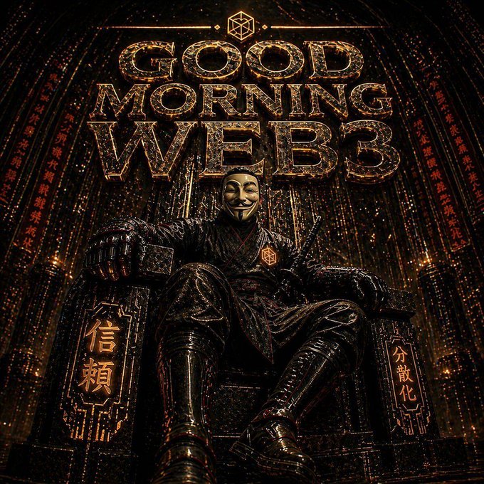 A dark, gothic digital artwork featuring a figure wearing a Guy Fawkes mask seated on an ornate throne, with the text "GOOD MORNING WEB3" prominently displayed above and Japanese characters on the throne's sides.
