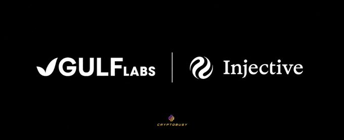 A black banner displays the logos and names 'GULF LABS' and 'Injective' side by side, with a small 'CRYPTORUST' logo at the bottom.