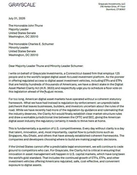 A letter dated July 31, 2025, from Grayscale Investments to Senate Majority Leader John Thune and Minority Leader Chuck Schumer, advocating for a floor vote on the Digital Asset Market Clarity Act and regulatory certainty for digital assets.
