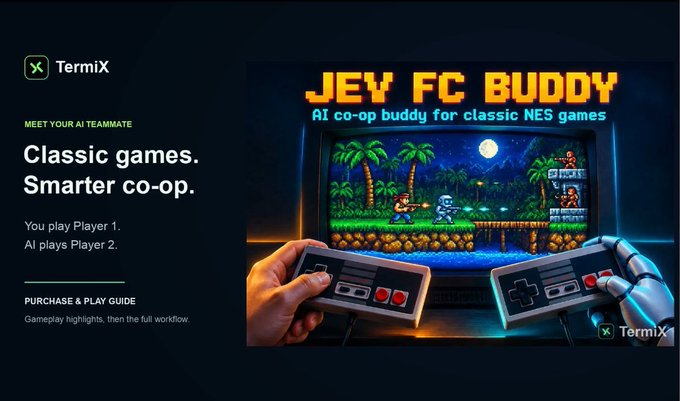 A promotional graphic for 'TermiX' featuring 'JEV FC BUDDY: AI co-op buddy for classic NES games', showing an AI-driven Player 2 for retro gaming sessions alongside the tagline 'Classic games. Smarter co-op.'