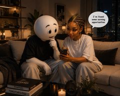 An image showing a person wearing a white mask sitting on a couch next to a woman who is looking at her phone, with a speech bubble reading 'I've found something more important.'
