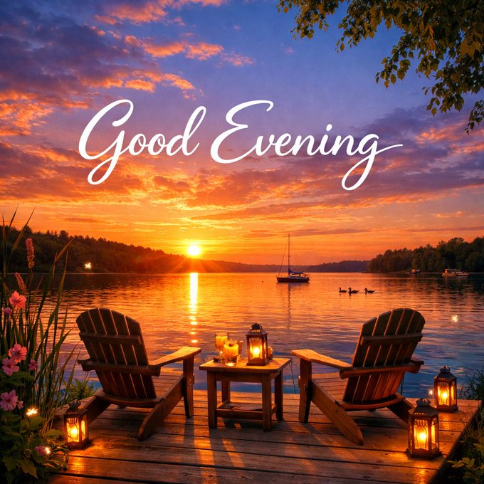 A scenic sunset over a lake viewed from a wooden dock, featuring two Adirondack chairs, a small table, lanterns, and the text "Good Evening" in elegant script.