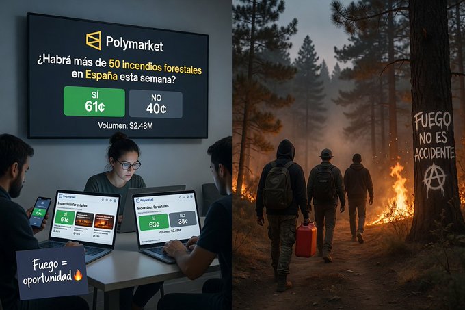A composite image showing people analyzing a Polymarket prediction on a screen ("¿Habrá más de 50 incendios forestales en España esta semana?" with 61¢ YES and 40¢ NO, $2.48M volume) on the left, and protesters with a "FUEGO NO ES ACCIDENTE" banner near a forest fire on the right.