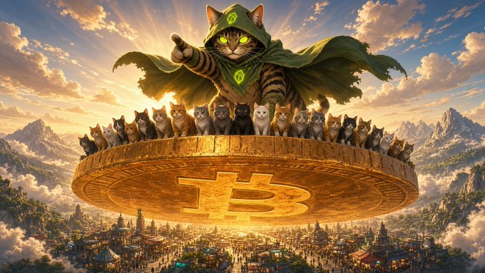 A fantasy illustration of a large cat wearing a green hooded cloak leading a group of smaller cats standing atop a giant gold Bitcoin coin floating above a landscape at sunset.