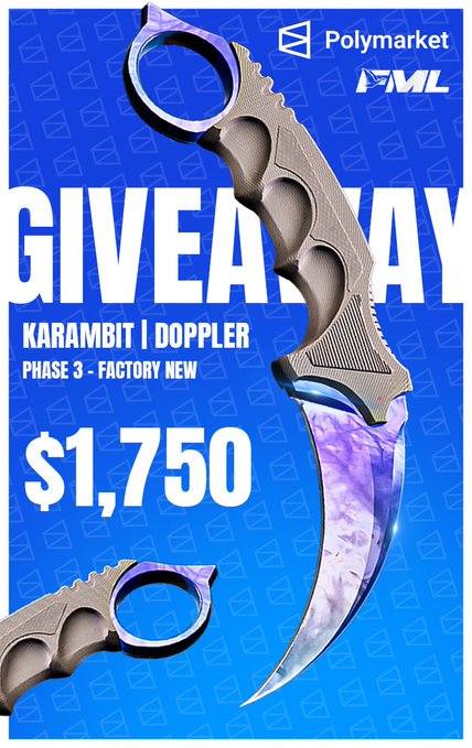 A promotional graphic for a Polymarket PML giveaway featuring a Karambit | Doppler Phase 3 - Factory New CS:GO knife skin valued at $1,750.