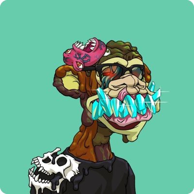 The image features a cartoon monkey with a face painted on its head, wearing glasses and sunglasses. The monkey has a large nose and teeth, giving it an unusual appearance. The background of the image is green, which contrasts with the monkey's face. There are also two skulls in the image - one located above the monkey's head and another below it. The caption to the image reads: "#NewProfilePic Let’s face it, apes just hit different Would you call this one a grail @mfigge ?"