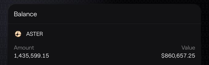 A dark-themed digital wallet balance interface showing a holding of 1,435,599.15 ASTER tokens, valued at $860,657.25.