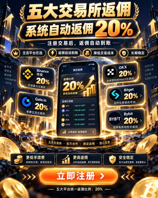 A Chinese cryptocurrency advertisement promotes "五大交易所返佣" (Top Five Exchange Rebates) offering "系统自动返佣20%" (20% automatic system rebate) featuring Binance, OKX, Gate.io, Bitget, and Bybit with a "立即注册" (Register Now) button.
