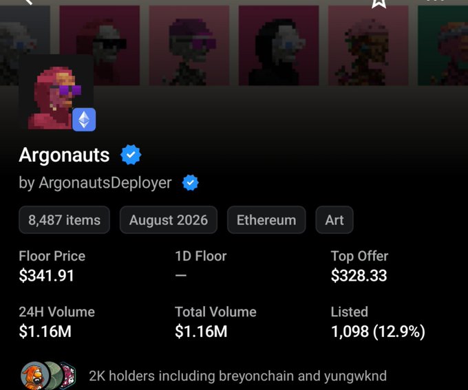 A screenshot of an NFT collection called 'Argonauts' by ArgonautsDeployer on Ethereum, showing 8,487 items with a floor price of $341.91 and 24H volume of $1.16M.