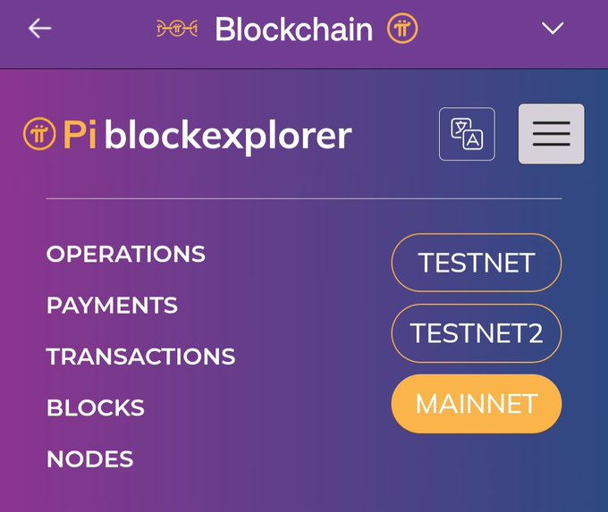 The image shows the Pi Blockexplorer interface with a purple gradient background, displaying navigation options for Operations, Payments, Transactions, Blocks, and Nodes, alongside network selection buttons for Testnet, Testnet2, and an active Mainnet option. This relates to the post about the v27 upgrade on the Pi Network Mainnet, confirming that the blockchain explorer is connected to the Mainnet where the upgrade was deployed.