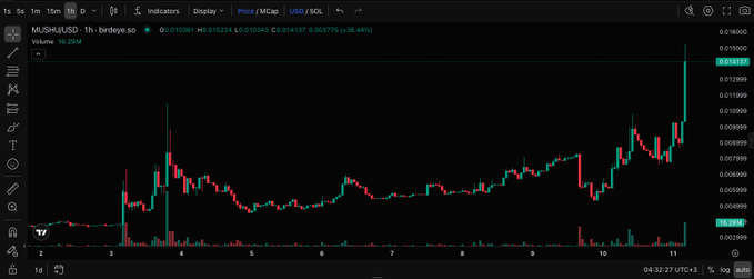A TradingView 1-hour candlestick chart of MUBH/USD showing price movement with a recent sharp upward spike, displayed on a dark theme interface.