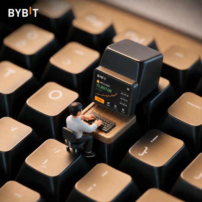 A 3D rendered scene depicts a small figure sitting on a giant black and gold keyboard, using a miniature computer that displays a trading interface with the 'BYBT' logo and BTC/USD price of 72,807.00.