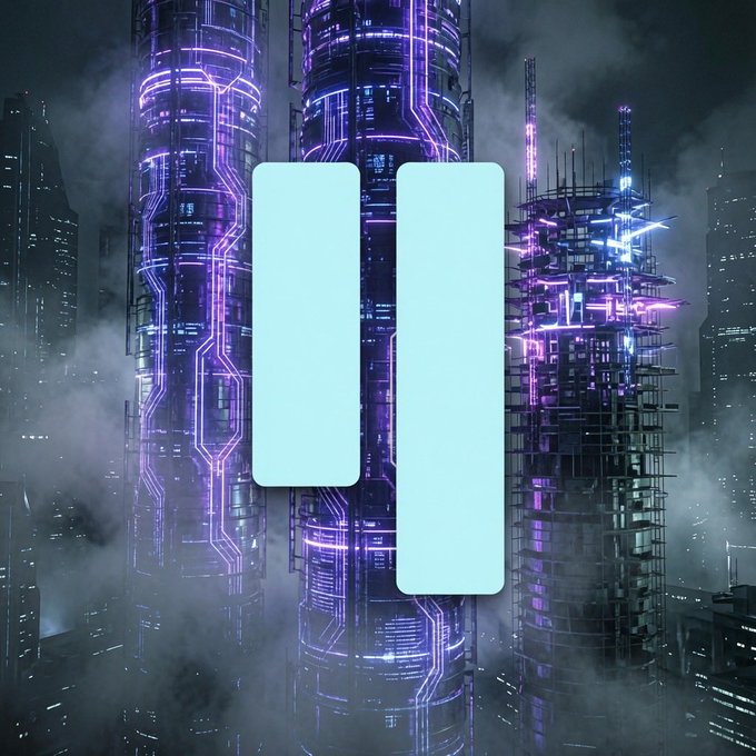 The image features a futuristic cityscape with tall buildings, neon lights, and a large purple structure that resembles a block of code or a smart contract. The caption above the image reads "#Qubic’s #Third Pillar Explained like you just woke up". This phrase is likely meant to be humorous or playful, as it references the concept of the "Third Pillar" in blockchain technology and how it gives smart contracts their power to act outside of a digital environment.
