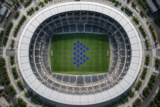 An aerial view of a circular football stadium with a green pitch displaying a pattern of blue dots, surrounded by tiered seating.