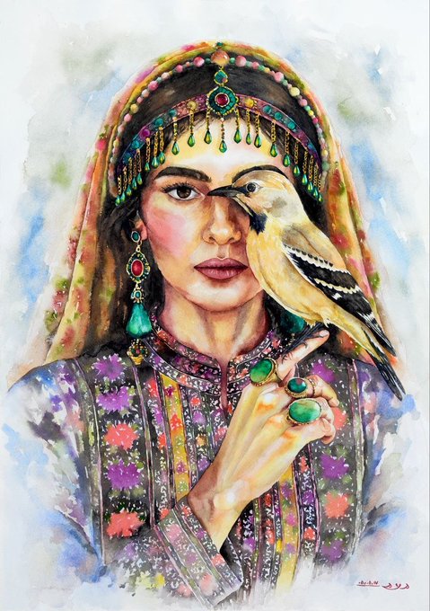 A watercolor painting of a woman wearing traditional beaded headwear and jewelry, holding a goldfinch bird near her face, dressed in an ornately embroidered floral garment.