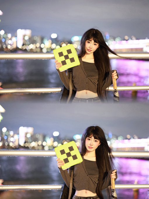 A young woman with long dark hair poses with a yellow AR marker against a nighttime cityscape backdrop, with the image duplicated vertically.