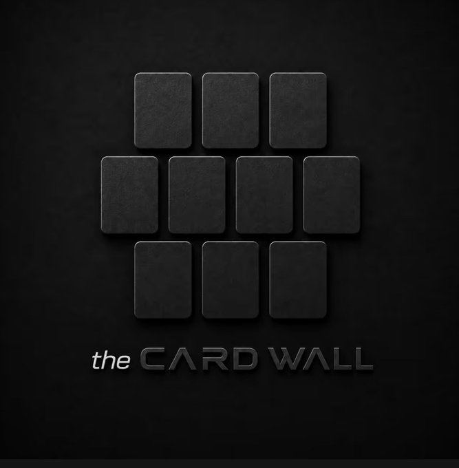 The image shows a logo for "the CARD WALL" featuring ten blank dark cards arranged in a diamond pattern (3-4-3) against a black background. This appears to be the branding for the account mentioned in the post, which was purchased and activated by the user to celebrate the launch.