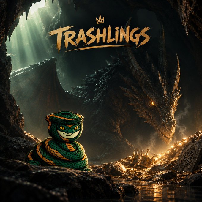 A fantasy game cover titled 'TRASHLINGS' featuring a coiled green snake character in front of a dragon and a pile of gold in a cave setting.