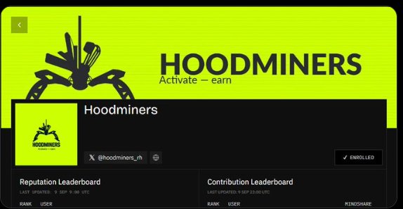 A HoodMiners platform screenshot featuring a yellow and black design, displaying the tagline 'HOODMINERS - Activate - earn' along with reputation and contribution leaderboards.