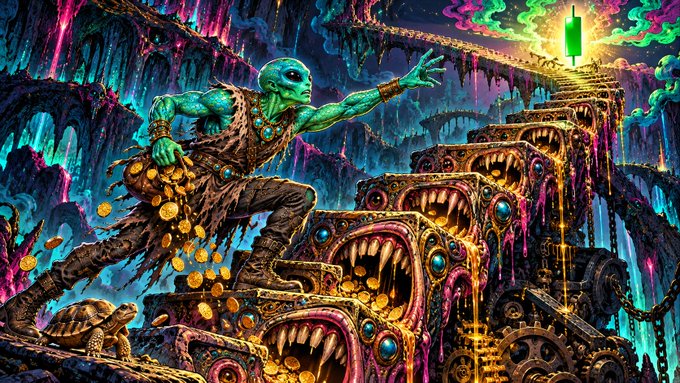 A vibrant fantasy illustration showing a blue-skinned figure reaching for a glowing green bottle while standing on a pile of treasure, with a turtle in the foreground and a monstrous multi-mouthed structure on the right.
