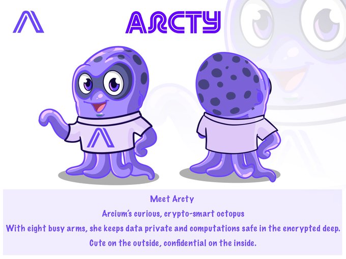 The image showcases "Arcty," a cute purple octopus mascot for the Arecium crypto project, displayed in front and back views wearing a branded t-shirt. The accompanying text highlights using mascot characters as growth and community-building tools for crypto projects, with the caption reading: "Meet Arety—Arecium's curious, crypto-smart octopus. With eight busy arms, she keeps data private and computations safe in the encrypted deep. Cute on the outside, confidential on the inside."