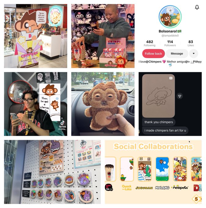 A collage showcasing the Chimpers brand across various media, including an NFT vending machine station asking "Tap me with your phone to make a collectable," plush toys, fan art exchanges like "thank you chimpers, I made chimpers fan art for u," merchandise displays, and a social media profile for "Bolsonaro! @iampebble0" with 114 followers, alongside "Social Collaborations" featuring Quack-Lola, Gookman, Moland, and Neopets. The image illustrates the post's theme of introducing Chimpers through familiar character brand references, highlighting the community's merchandise, fan art culture, and social media presence.