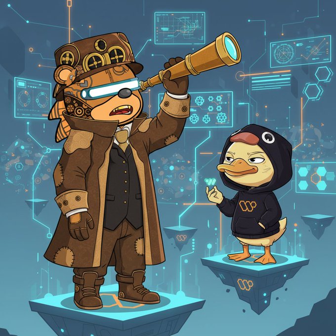 A steampunk explorer bear wearing goggles and a top hat peers through a brass telescope alongside a hooded duck in a black hoodie, both standing on floating digital platforms amid a futuristic interface of holographic data displays. The image visually reinforces the post's theme by symbolizing the search for meaningful "signal" through the telescope, cutting through the noisy recycled content to find genuine value and real audiences.

No text, numbers, or specific tickers are visible in the image beyond the "wallchain" branding referenced in the post.