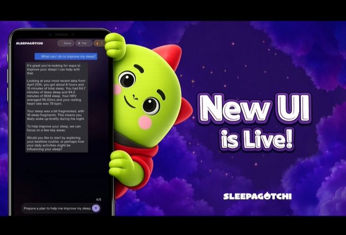 A promotional image for 'Sleepagotchi' announcing 'New UI is Live!' featuring a green character and a phone screen displaying sleep data analysis.