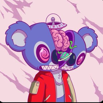 A vibrant purple cartoon bear character with an exposed brain, spiral eyes, and a small UFO hovering above its head, set against a pink halftone background. The image showcases the stylized NFT art reveal from the KludzNFT collection, reflecting the psychedelic and surreal aesthetic highlighted in the poster's enthusiastic review.