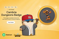An "abstract" NFT page showing the "Cambria Dungeness Badge" with a cartoon character wearing a red cap and sunglasses.