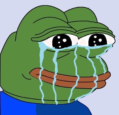 A crying Pepe the Frog cartoon character with large watery eyes and streams of tears flowing down his face, capturing a sense of desperation or frustration that mirrors the emotional plea "we have to make it bro."